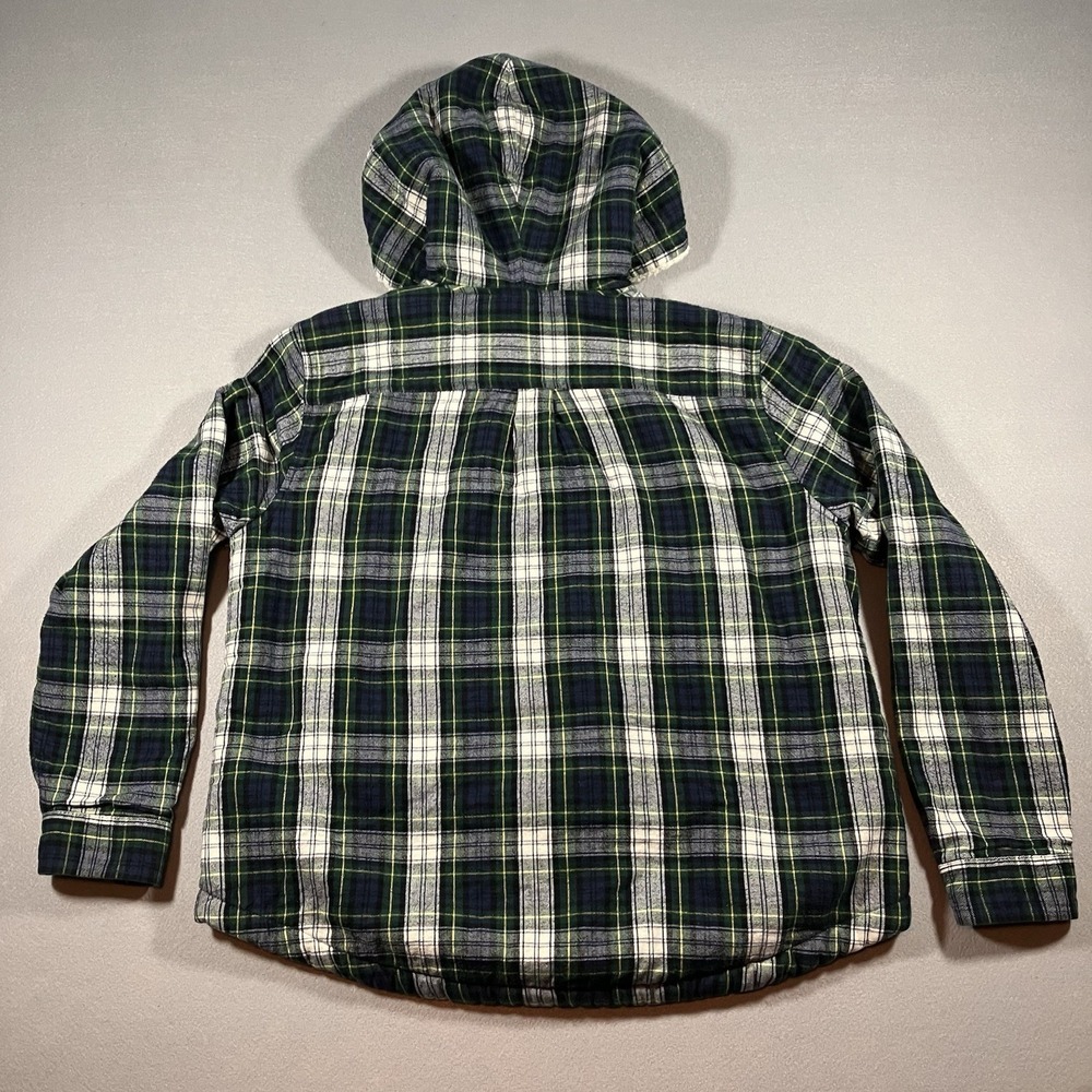 LL Bean Relaxed Fit Sherpa Lined Plaid Flannel Hoodie Jacket Green Cream Women M - Picture 5 of 9
